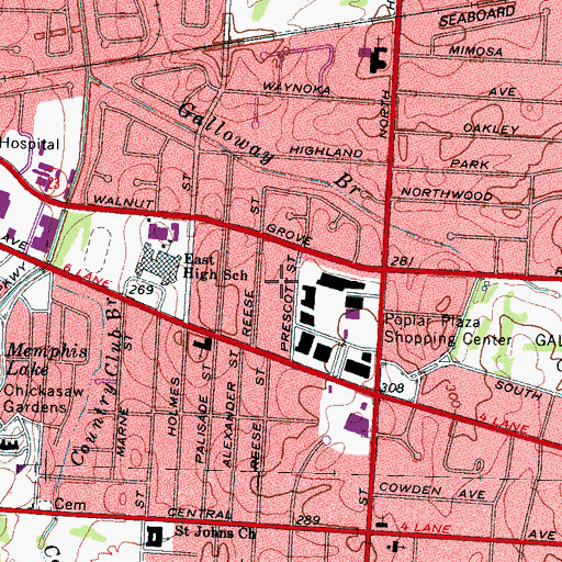 Topographic Map of East Memphis Post Office, TN