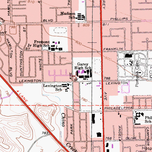 Topographic Map of Garey Senior High School, CA