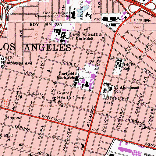 Topographic Map of Garfield Senior High School, CA