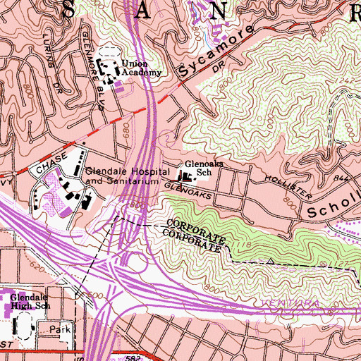 Topographic Map of Glenoaks Elementary School, CA
