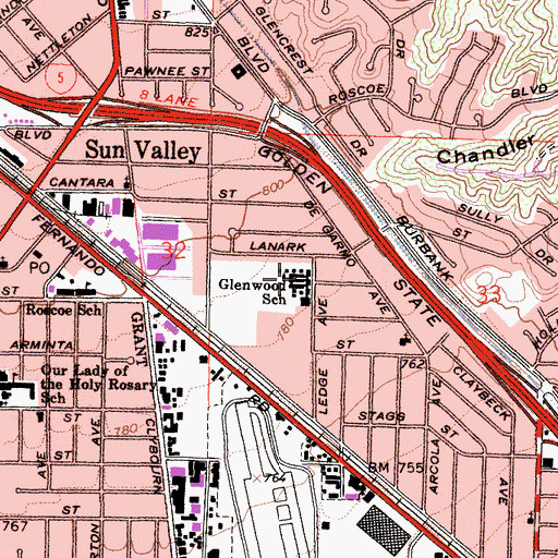 Topographic Map of Glenwood Elementary School, CA