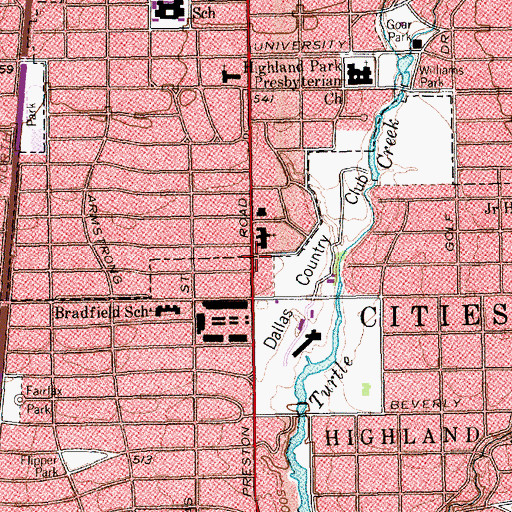Topographic Map of First Unitarian Church of Dallas, TX