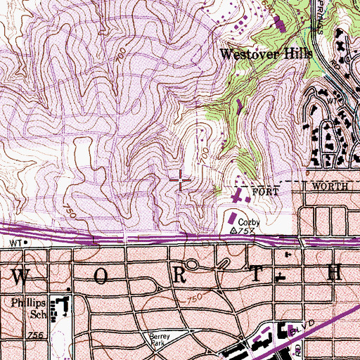 Topographic Map of Broadway Plaza-Westover Hills Shopping Center, TX