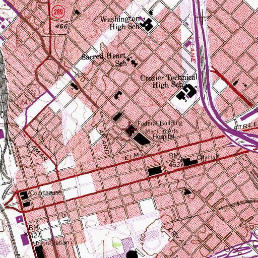Topographic Map of Downtown Dallas Post Office, TX