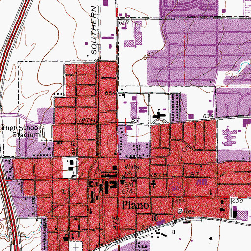 Topographic Map of Plano Post Office Downtown Station, TX