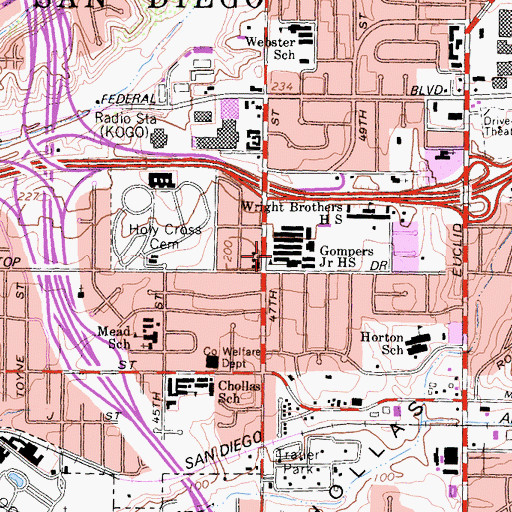 Topographic Map of Gompers Secondary School, CA