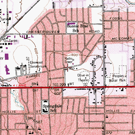 Topographic Map of Bonnie Brae School, TX