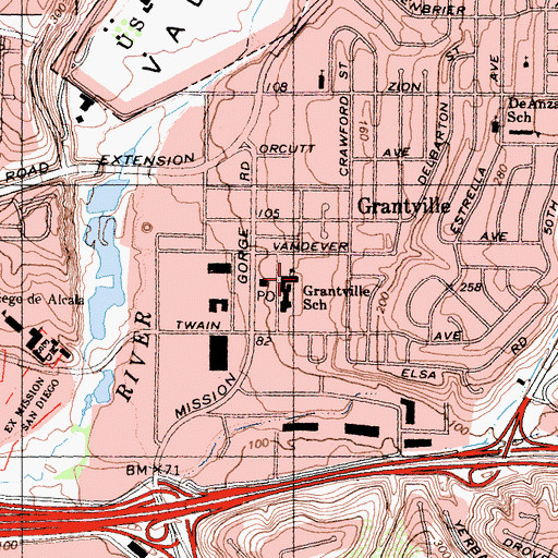 Topographic Map of Grantville School, CA