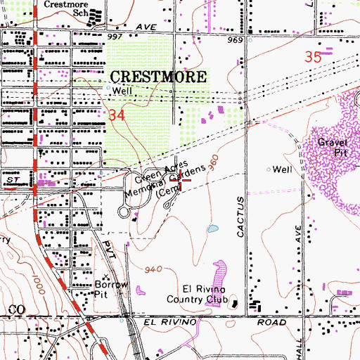 Topographic Map of Green Acres Memorial Gardens, CA