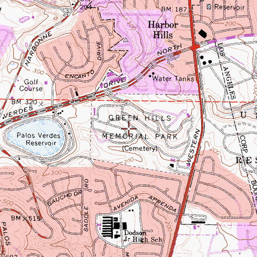 Topographic Map of Green Hills Memorial Park, CA