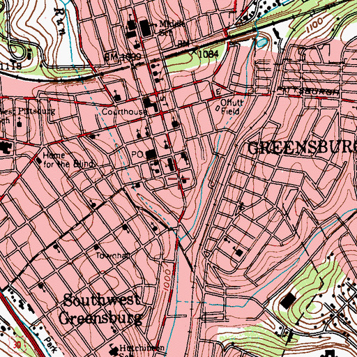 Topographic Map of Greensburg City Hall, PA