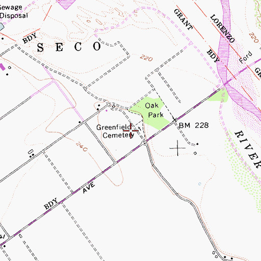 Topographic Map of Greenfield Cemetery, CA
