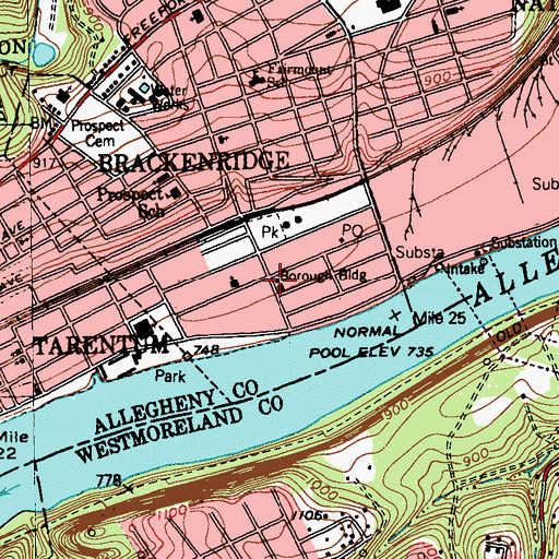 Topographic Map of Brackenridge Borough Hall, PA