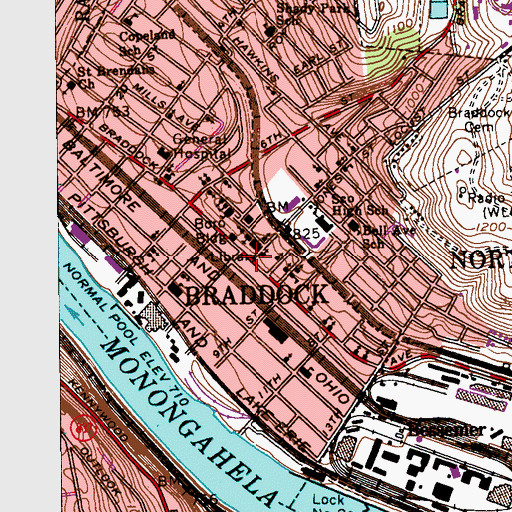 Topographic Map of Braddock Carnegie Library, PA