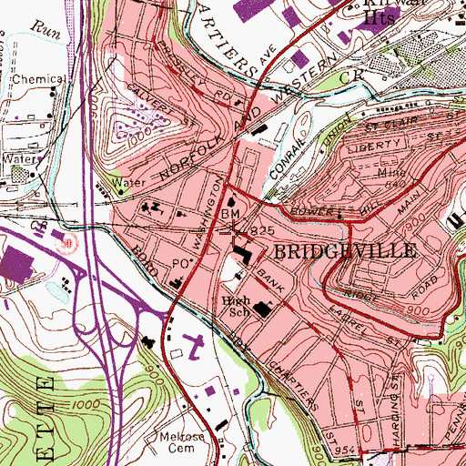 Topographic Map of Bridgeville Public Library, PA