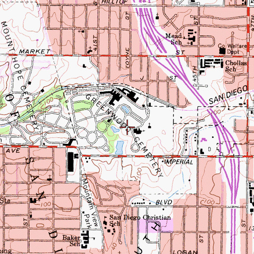 Topographic Map of Greenwood Cemetery, CA