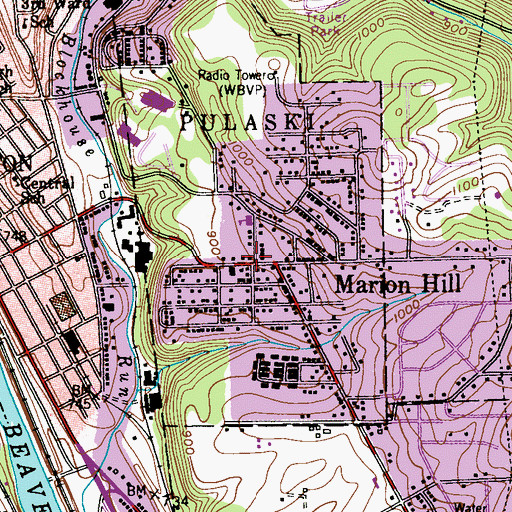 Topographic Map of Pulaski Township Hall, PA