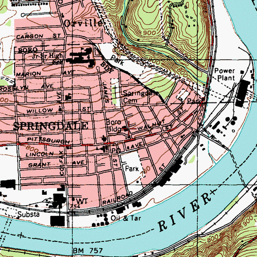 Topographic Map of Springdale Borough Hall, PA