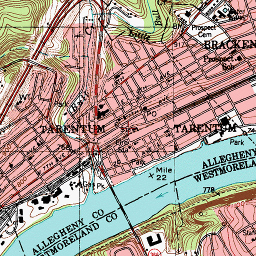 Topographic Map of Tarentum Branch Library Community Library of Allegheny Valley, PA