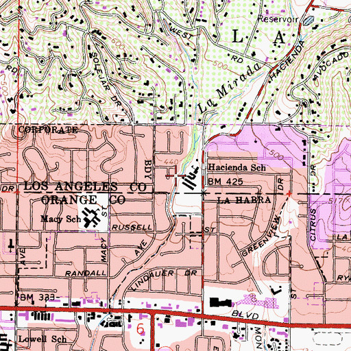 Topographic Map of Hacienda School, CA