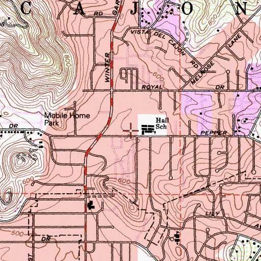 Topographic Map of W D Hall Elementary School, CA