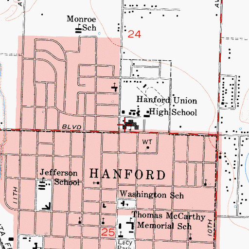 Topographic Map of Hanford High School, CA