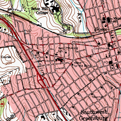 Topographic Map of Excela Health Westmoreland Hospital, PA
