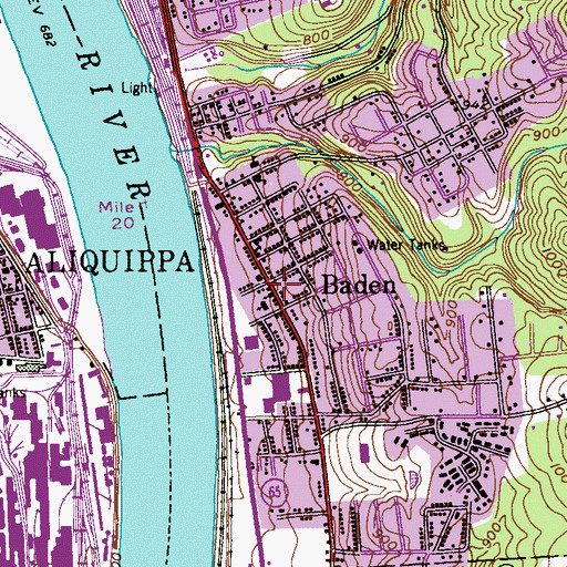Topographic Map of Baden Post Office, PA