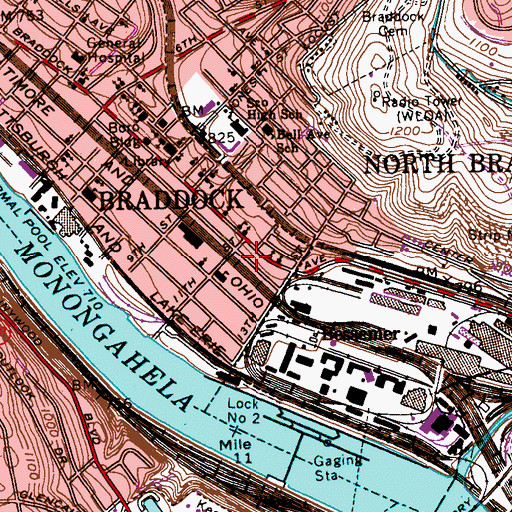 Topographic Map of Braddock Post Office, PA