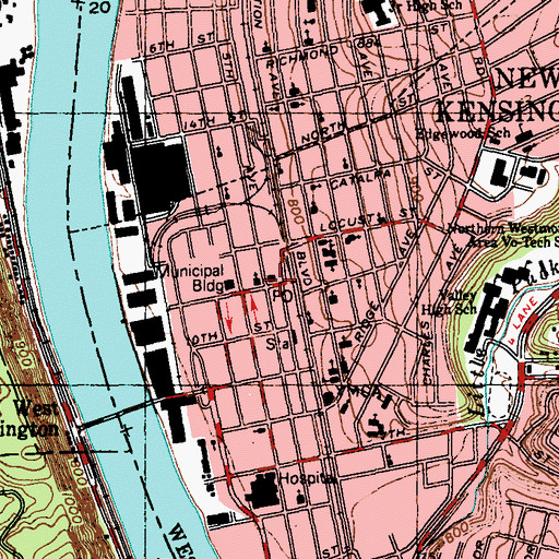 Topographic Map of New Kensington Post Office, PA