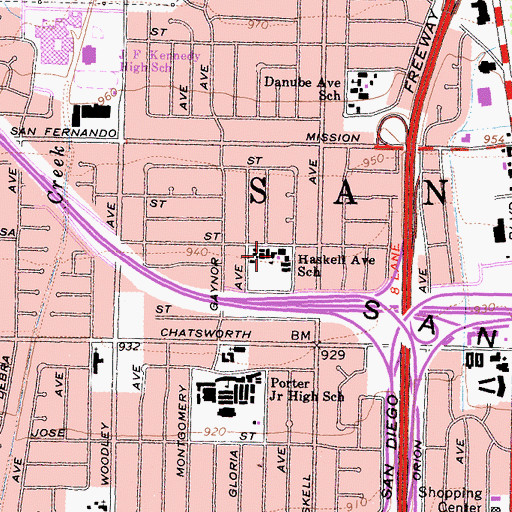 Topographic Map of Haskell Avenue School, CA