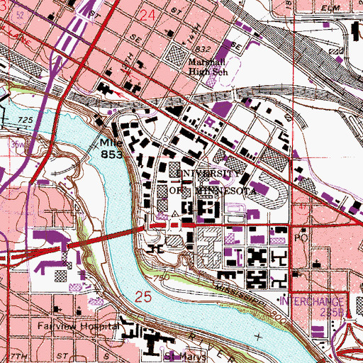 Topographic Map of University of Minnesota Twin Cities Campus - Minneapolis, MN
