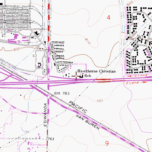 Topographic Map of Hawthorne Christain School, CA