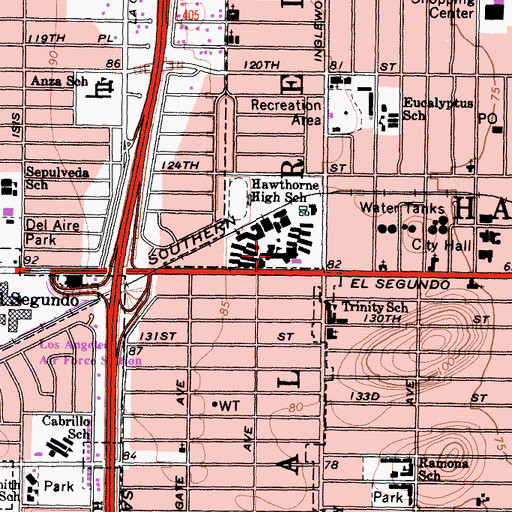 Topographic Map of Hawthorne High School, CA
