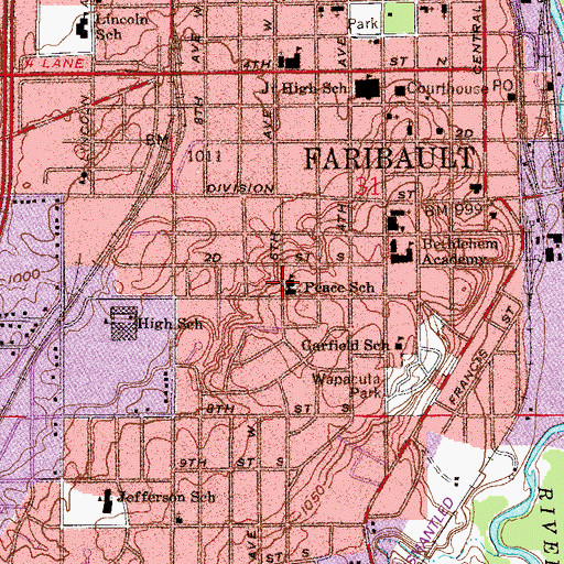 Topographic Map of Faribault Lutheran School - Peace Campus, MN