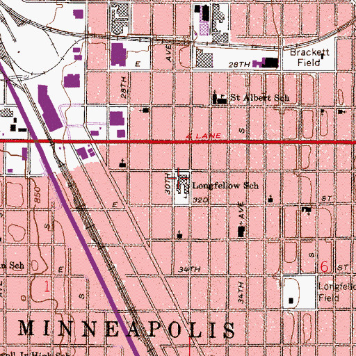 Topographic Map of Broadway Alternative Learning Center at Longfellow, MN