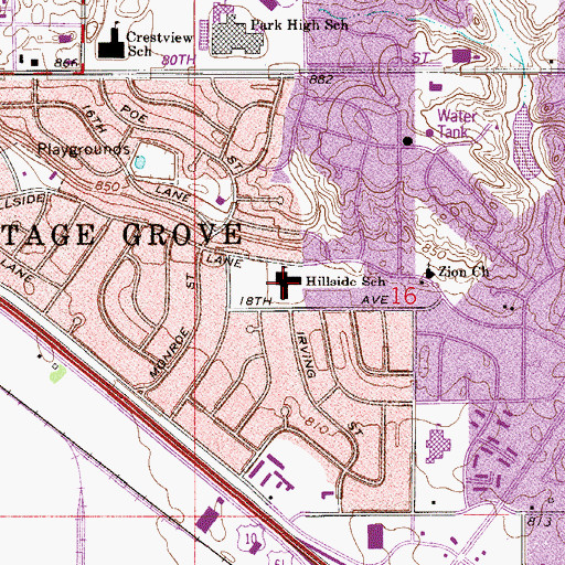 Topographic Map of Hillside Elementary School, MN