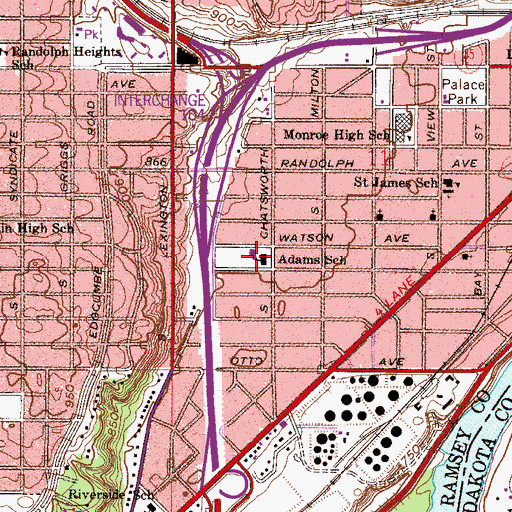 Topographic Map of Adams Spanish Immersion School, MN