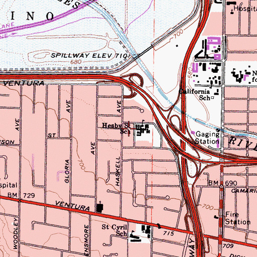 Topographic Map of Hesby Street School, CA