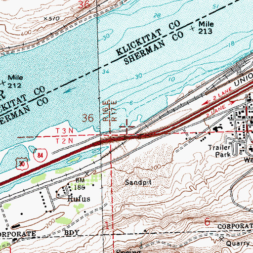 Topographic Map of Rufus Treaty Fishing Access Site, OR