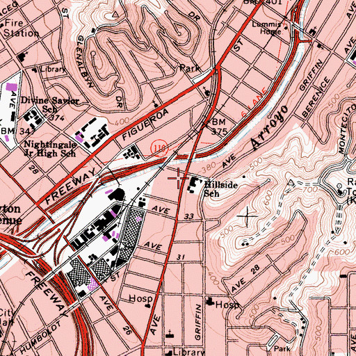 Topographic Map of Hillside Elementary School, CA