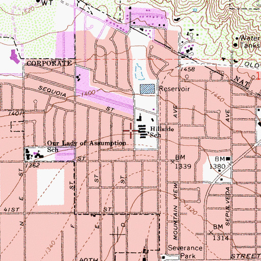 Topographic Map of Hillside Elementary School, CA