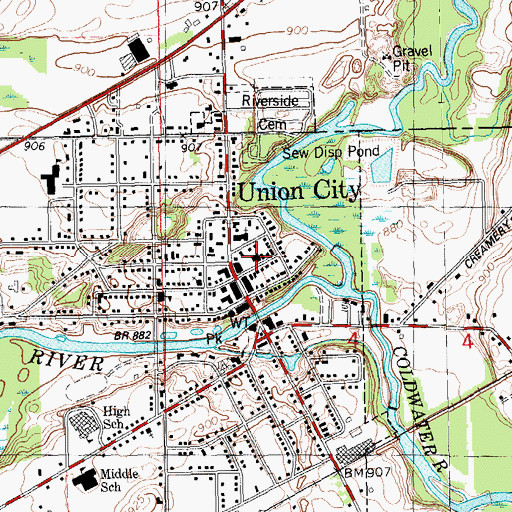 Topographic Map of Union City Fire Department, MI