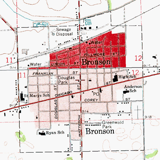 Topographic Map of Bronson Public Library, MI