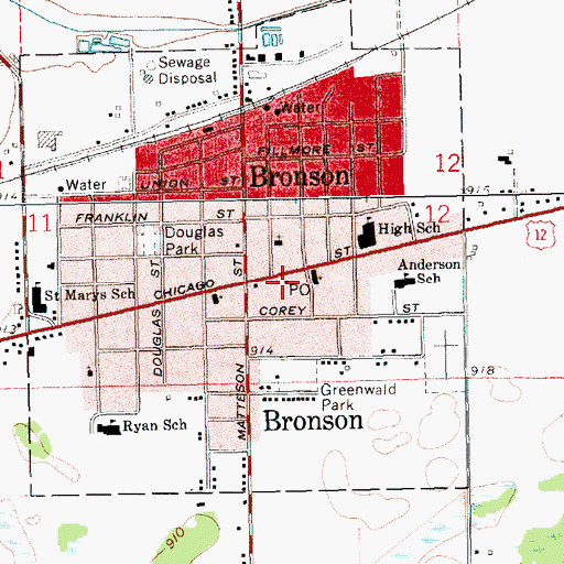 Topographic Map of Bronson Post Office, MI