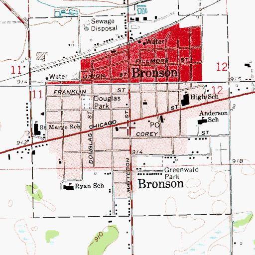 Topographic Map of Bronson Police Department, MI