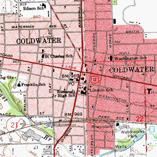 Topographic Map of Branch County Courthouse Site Historical Marker, MI
