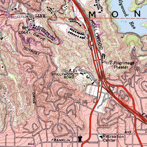 Topographic Map of Hollywood Bowl, CA