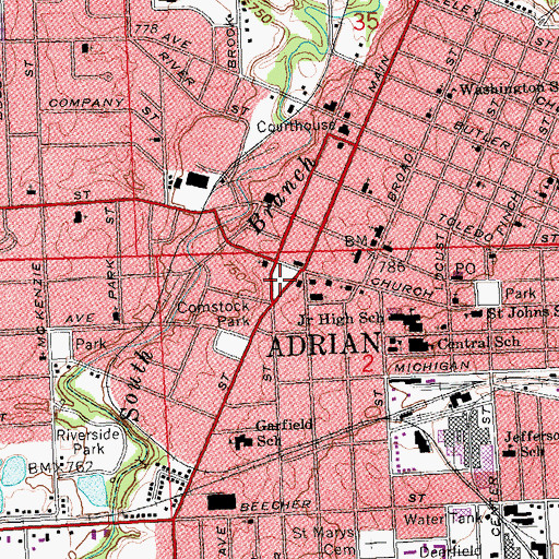 Topographic Map of Adrian Fire Department, MI