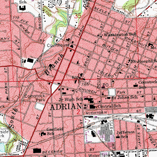 Topographic Map of Adrian Public Library, MI